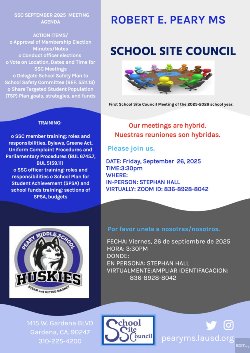 ¡Personal de Husky, padres/tutores y miembros de la comunidad, únanse a nosotros para la primera reunión del Consejo del Sitio Escolar de 2025! Husky Staff, Parent/Guardians, And Community Members  please join us for the first School Site Council Meeting of 2025!